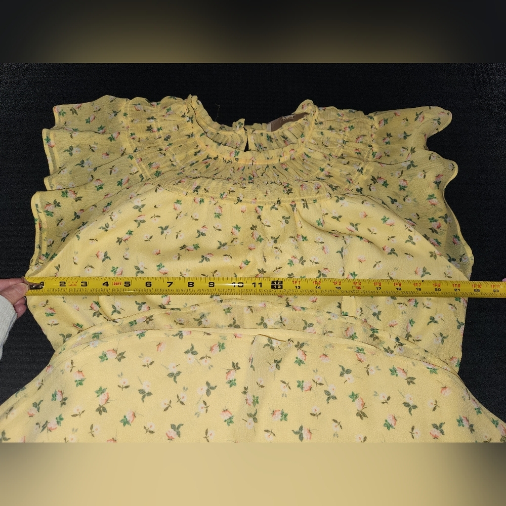 LOFT Butter Yellow Smocked Ditsy Floral Chiffon Lined Midi Dress Largw EUC - Picture 5 of 10